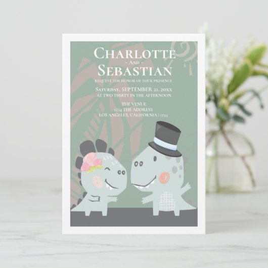 Modern Fun Dinosaur Bride Groom Wedding Kaart (Staand voorkant)