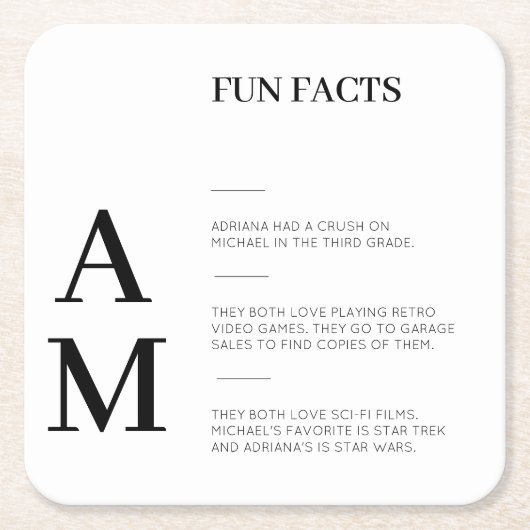 Modern Fun Facts Bold Zwart Initialen Bruiloft Kartonnen Onderzetters (Voorkant)