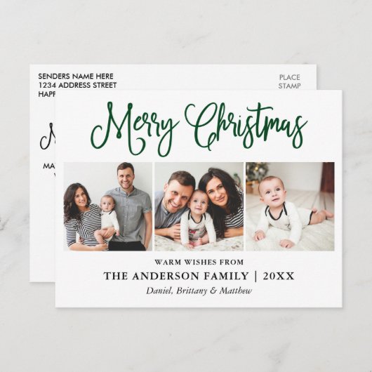 Modern Fun Green Calligraphy Kerstmis 3 Foto's Briefkaart (Voorkant / Achterkant)