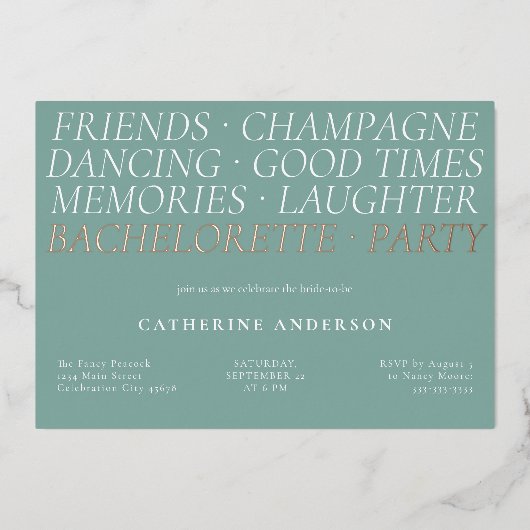 Modern Fun Mint Green Bachelorette Party Folie Uitnodiging (Voorkant)