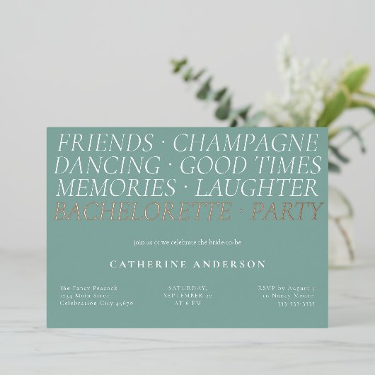 Modern Fun Mint Green Bachelorette Party Folie Uitnodiging (Staand Voorkant)
