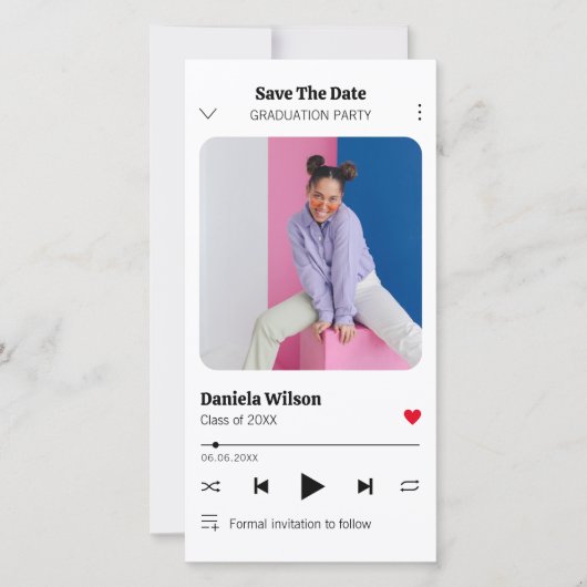 Modern Fun Music Player Photo Afstuderen Save The Date (Voorkant)