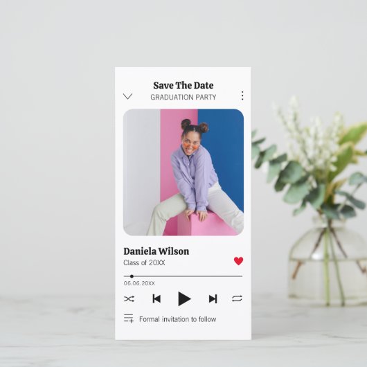Modern Fun Music Player Photo Afstuderen Save The Date (Staand voorkant)