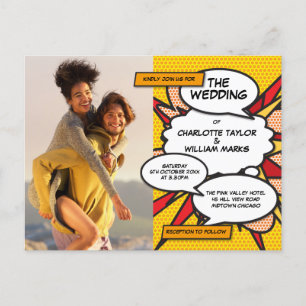 Modern Fun Photo Comic Book Bruiloft Uitnodiging Briefkaart