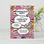 Modern Fun Pink Girly Comic Book Graduation Party Kaart (Staand voorkant)