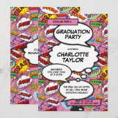 Modern Fun Pink Girly Comic Book Graduation Party Kaart (Voorkant / Achterkant)