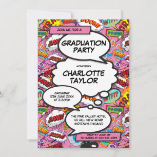 Modern Fun Pink Girly Comic Book Graduation Party Kaart