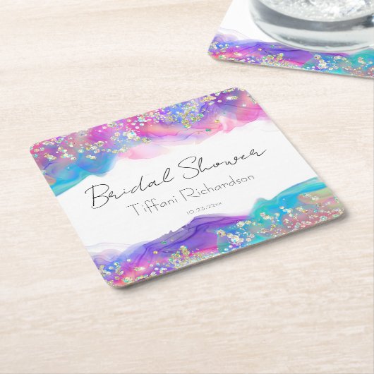 Modern Fun Rainbow Alcohol Ink Gold Glitter Kartonnen Onderzetters (Schuin)