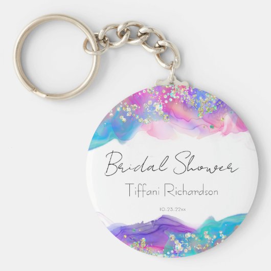 Modern Fun Rainbow Alcohol Ink Gold Glitter Sleutelhanger (Voorkant)