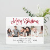 Modern Fun Red Calligraphy Kerstmis 3 Foto's Feestdagenkaart (Staand voorkant)