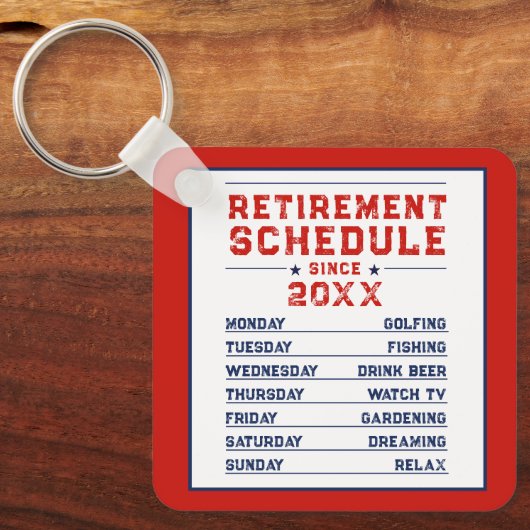 Modern Fun Rood Blauw Wit Man Retirement Schedule Sleutelhanger (Voorkant)