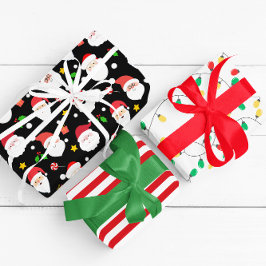 Modern Fun Santa, Stripes & Christmas Lights Zwart Inpakpapier Vel