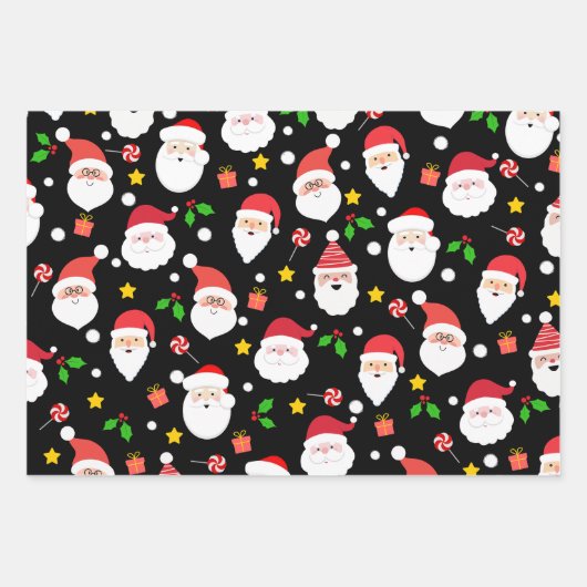 Modern Fun Santa, Stripes & Christmas Lights Zwart Inpakpapier Vel (Voorkant)