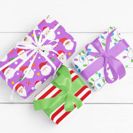 Modern Fun Santa Stripes & Kerstverlichting Paarse Inpakpapier Vel