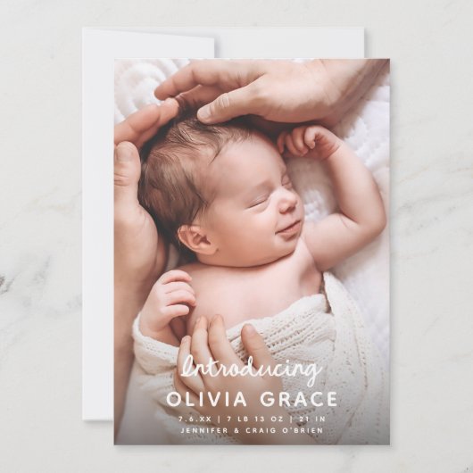 Modern Fun Script Introducing Baby Birth Aankondiging (Voorkant)