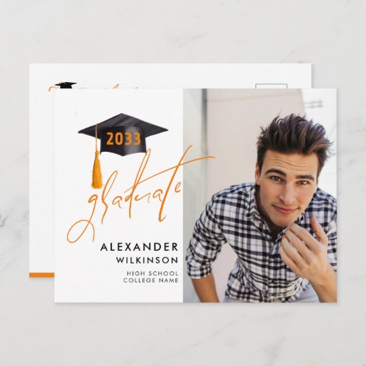 Modern Fun Script Minimalist Chic Photo Afstuderen Uitnodiging Briefkaart (Voorkant / Achterkant)