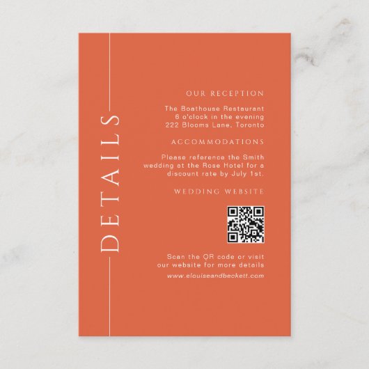 Modern Fun Sinaasappel Wedding Details QR-code inv Informatiekaartje (Voorkant)