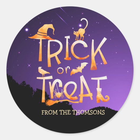 Modern Fun Sinaasappel Zwart Paarse Trick or treat Ronde Sticker (Voorkant)