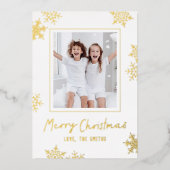 Modern Fun Snowflakes Merry Christmas Script Photo Folie Feestdagenkaart (Voorkant)