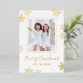 Modern Fun Snowflakes Merry Christmas Script Photo Folie Feestdagenkaart (Staand Voorkant)