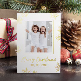 Modern Fun Snowflakes Merry Christmas Script Photo Folie Feestdagenkaart