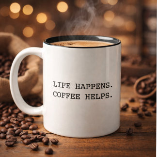 Modern Fun Trendy Typography Life Happens Saying Tweekleurige Koffiemok