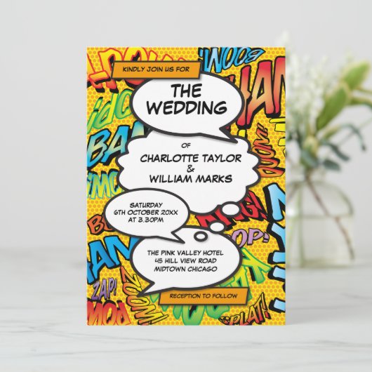 Modern Fun Typographic Comic Book Wedding Kaart (Staand voorkant)