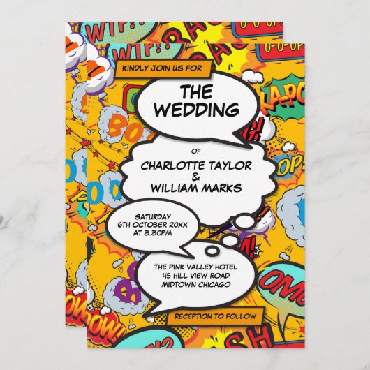 Modern Fun Typographic Comic Book Wedding Kaart (Voorkant / Achterkant)