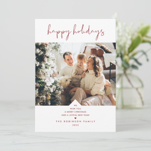 Modern Fun Typography Cherry Red Kerstfoto Feestdagenkaart (Staand voorkant)