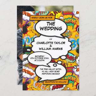 Modern Fun Typography Photo Comic Book Wedding Kaart