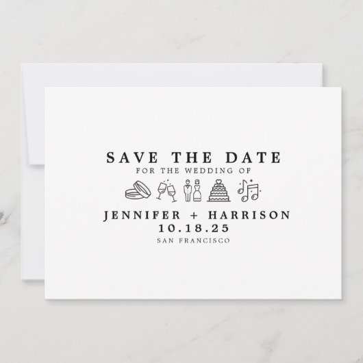 Modern Fun Wedding Icon Save the Date Wedding Kaart (Voorkant)