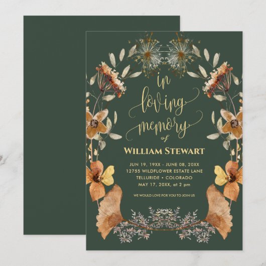 Modern Funeral Celebration of Life Boho Dark Green Kaart (Voorkant / Achterkant)