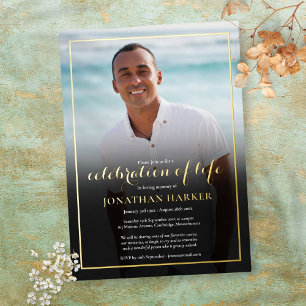 Modern Funeral Photo Celebration of Life Gold Folie Uitnodiging