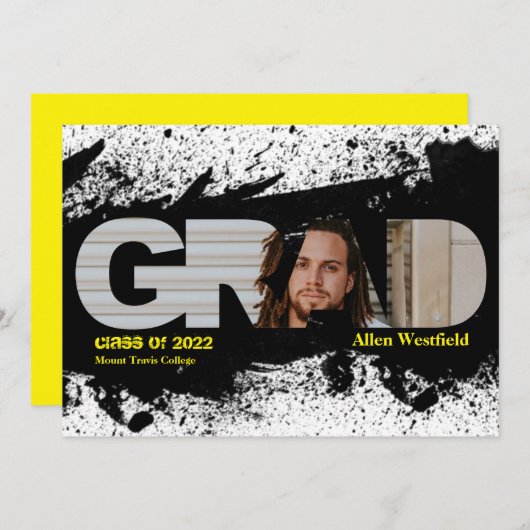 Modern Funky Black Splat AFSTUDEERDER Foto aankond Kaart (Voorkant / Achterkant)