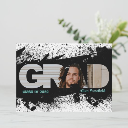 Modern Funky Black Splat AFSTUDEERDER Fotouitnodig Kaart (Staand voorkant)