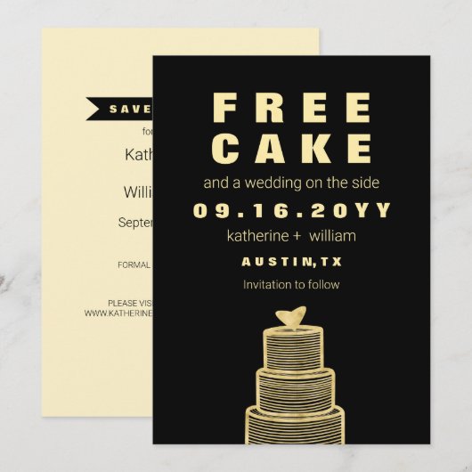 Modern Funny Free Cake Faux Gold Foil Wedding Save The Date (Voorkant / Achterkant)