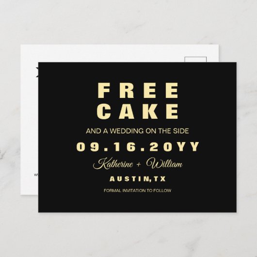 Modern Funny Free Cake Wedding Save the Date Aankondigingskaart (Voorkant / Achterkant)