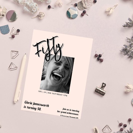 Modern Funny Light Pink Photo 50th Birthday  Kaart