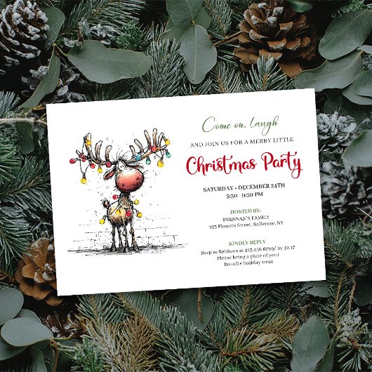 Modern funny reindeer Christmas party invitation Kaart
