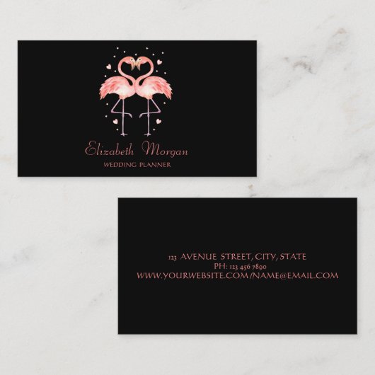 Modern Funny, roze flamingos in liefde, hart, zwar Visitekaartje (Voorkant / Achterkant)