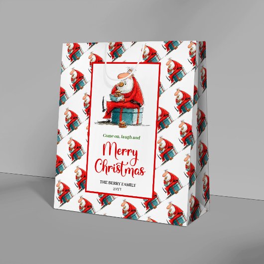 Modern funny santa gift bag red green festive edit medium cadeauzakje