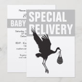 Modern Funny Stork Neutral Baby shower Invitation (Voorkant / Achterkant)