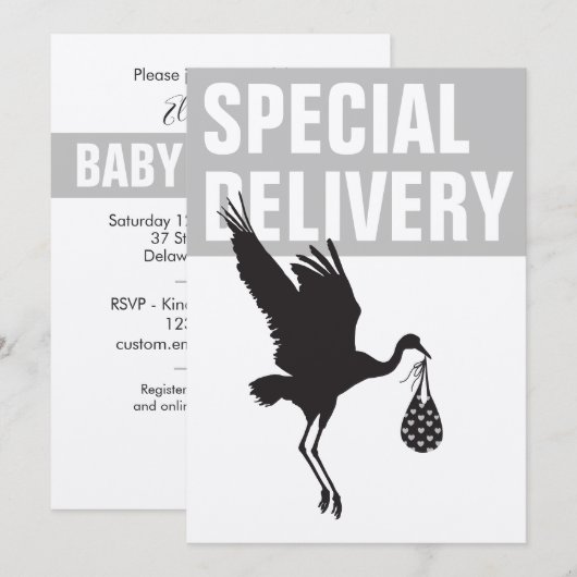 Modern Funny Stork Neutral Baby shower Invitation (Voorkant / Achterkant)