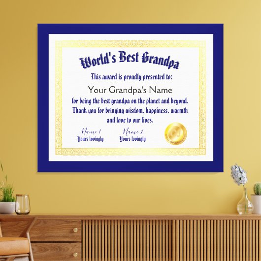 Modern Funny World's beste opa-certificaat Canvas Afdruk (Insitu (Woonkamer))
