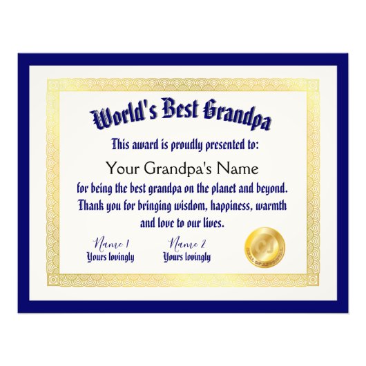 Modern Funny World's beste opa-certificaat Foto Afdruk (Voorkant)