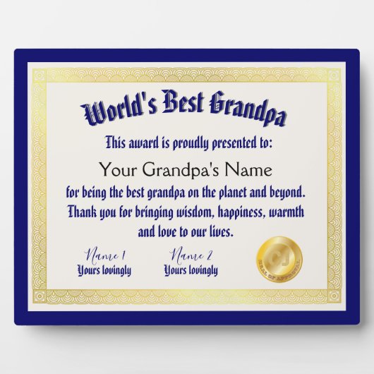 Modern Funny World's beste opa-certificaat Fotoplaat (Voorkant)