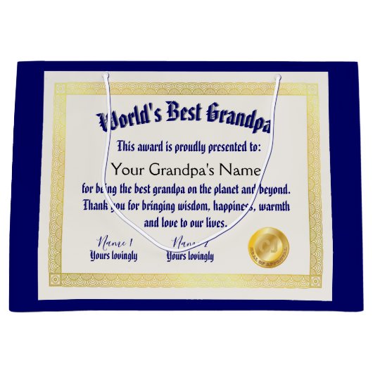 Modern Funny World's beste opa-certificaat Groot Cadeauzakje (Voorkant)