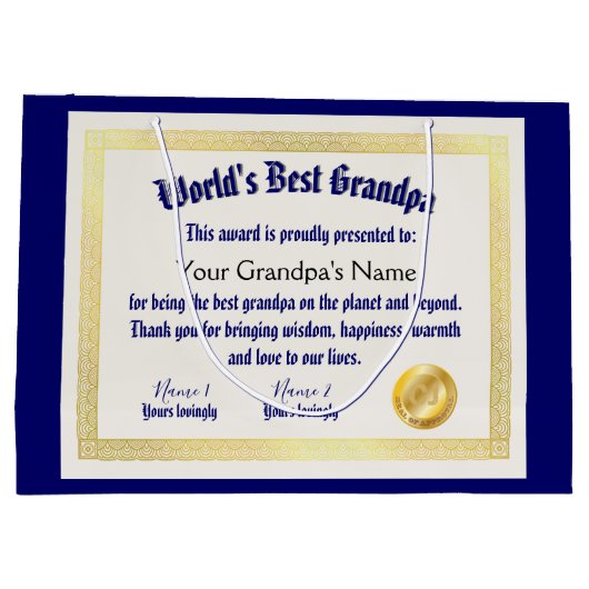 Modern Funny World's beste opa-certificaat Groot Cadeauzakje (Achterkant)