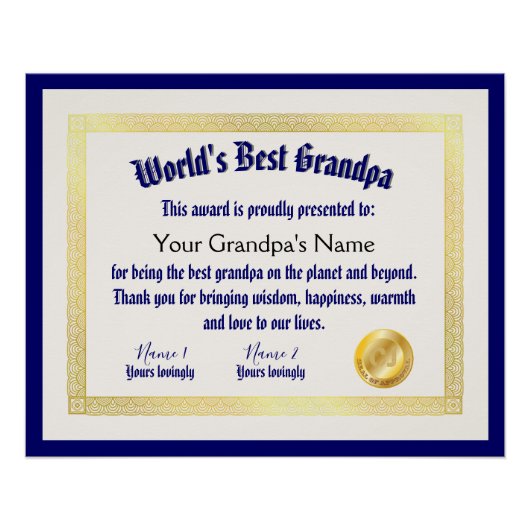 Modern Funny World's beste opa-certificaat Perfect Poster (Voorkant)