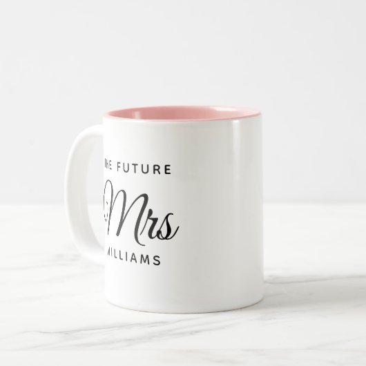 Modern Future Mrs Bride Verloving Script Tweekleurige Koffiemok (Voorkant links)